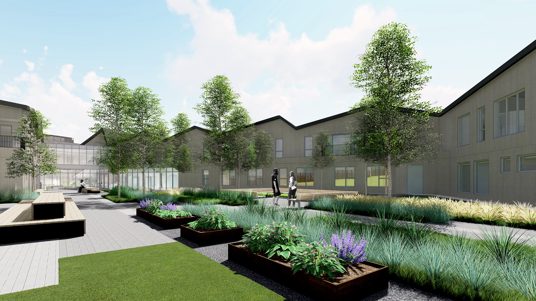 Rendering of plant and flower beds in courtyard of Fora Health facilities