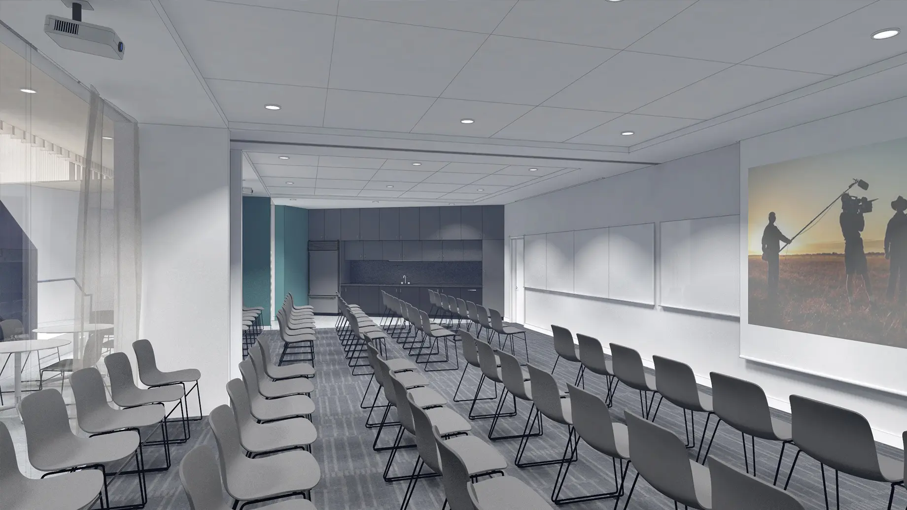 Artist rendering of classroom with charis arranged in rows